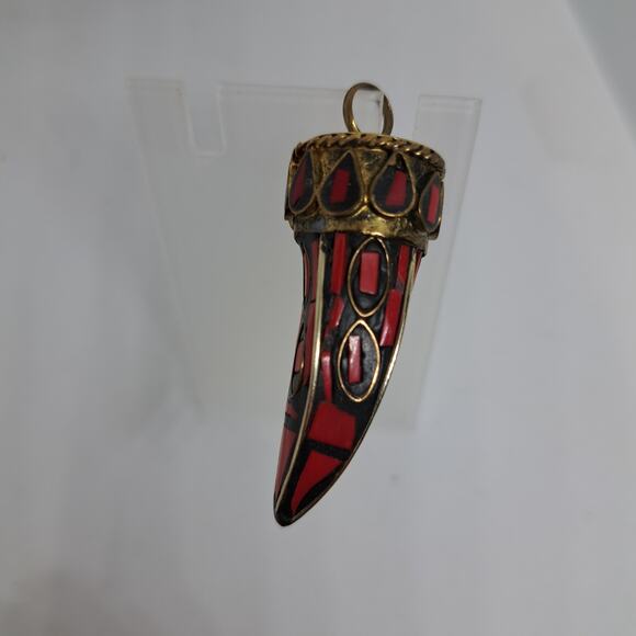 Tibetan Brass Red Coral Hand Inlayed Horn Tooth pendant 2 1/8" L x 3/4" - Picture 6 of 16